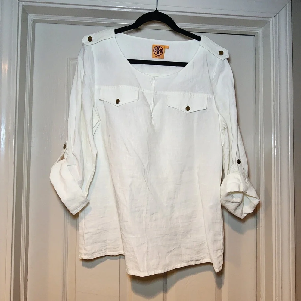 Tory Burch Linen Roll‎ Tab White Blouse Tunic Top Resortwear Spring Summer